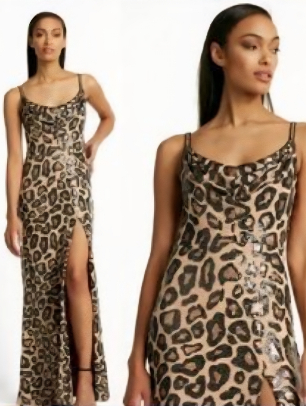 SHO Leopard Print Sequins on Mesh Slip Dress Style Gown, Scoop Neck,  Draped Fro